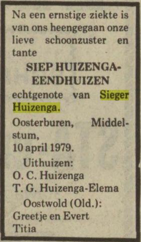 overlijdensadvertentie siep eendhuizen on 10 Apr 1979.